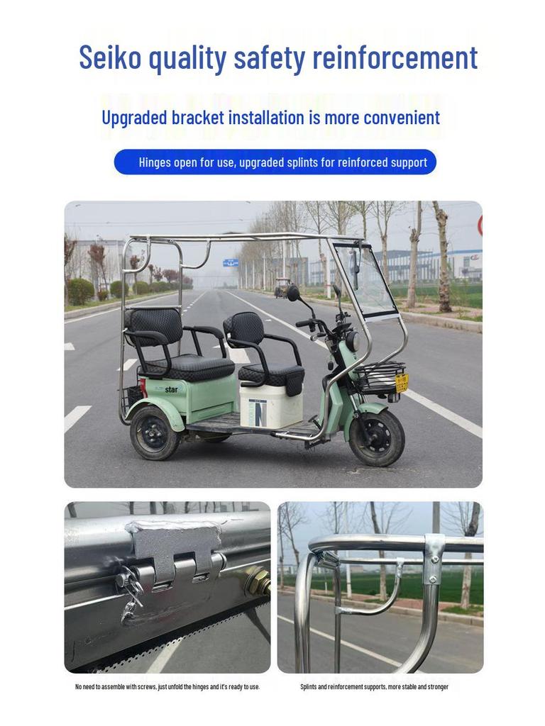 Electric Tricycle Rain Cover: Folding Stainless Steel Mini Bus Shelter with Transparent Glass.