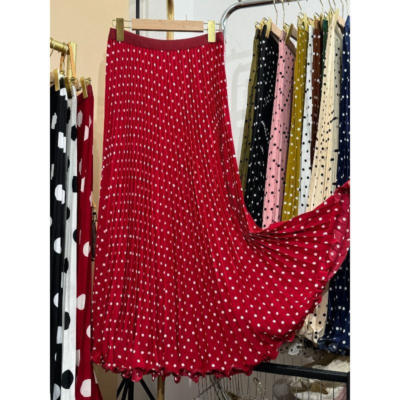 High Waist Polka Dot Long Skirt for Women Elegant Boho Beachwear Big Hem Ruffled Pleated Loose Fit  Style