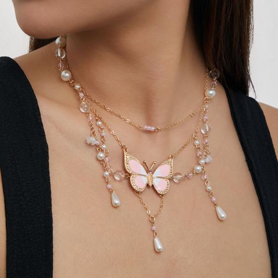 Women Necklace Multi Layer Chain Imitation Pearls Decor Butterflies Charm Choker Necklace Adjustable Length Neck Jewelry