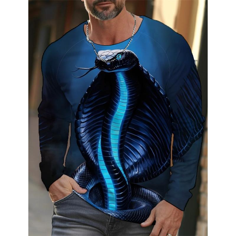 Spring and Autumn Round Neck 3D Snake Pattern Printed Top Fashionable Casual Long Sleeved Men's T-shirts