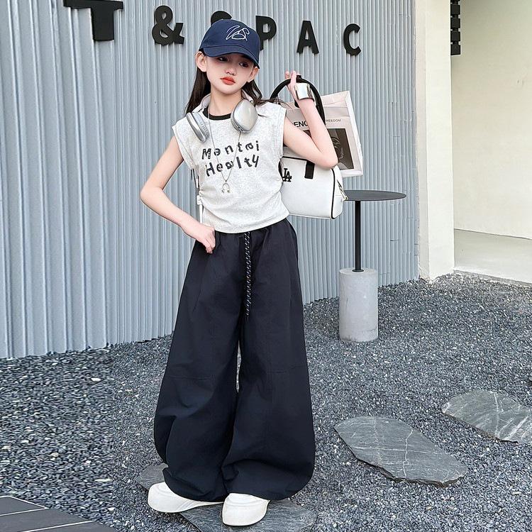 Girls' Korean Style Sleeveless T-shirt & Wide-Leg Pants Set - Casual Summer Street Dance Outfit