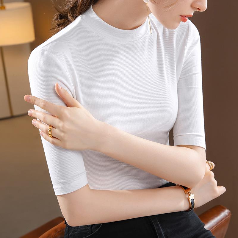 Camiseta de Manga Media para Mujer Nueva Camiseta de Color Sólido para Mujer con Cuello Redondo en el Hombro Delantero Mallas Elásticas Interiores