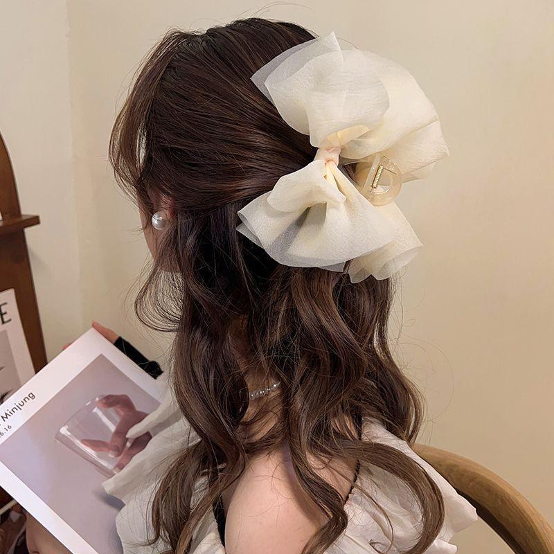 Mesh Tulle Large Bow Grab Clip Elegant Retro Female Net Yarn Ponytail Braid Claw Clip Hair Accessories Gift Headdress