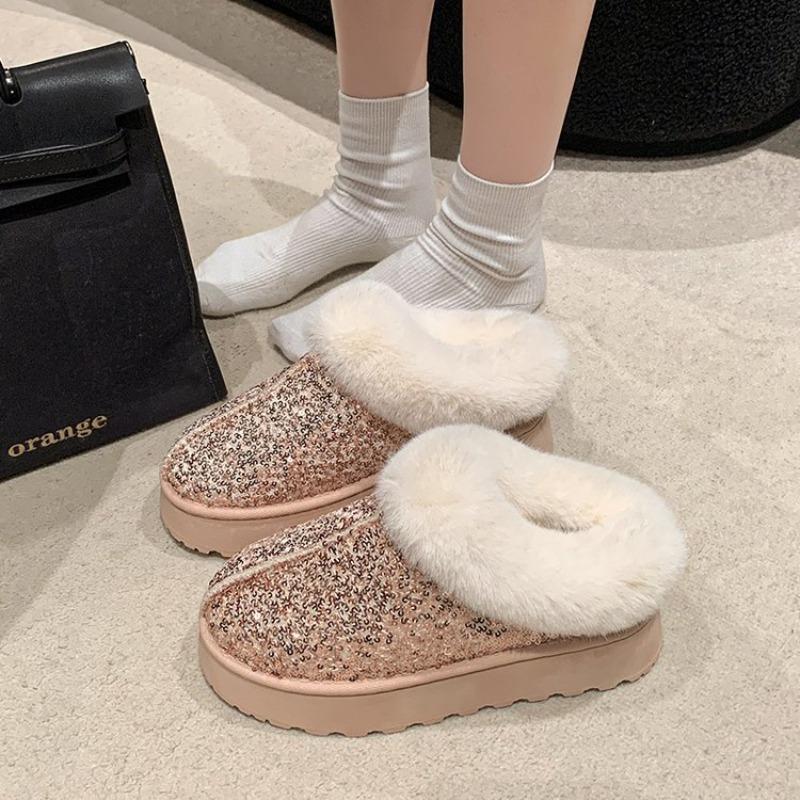 Round Head Sequined Velvet Cotton Shoes Autumn and Winter New One-pedal Lazy Drag Women's Bag Head Fluffy Slippers
