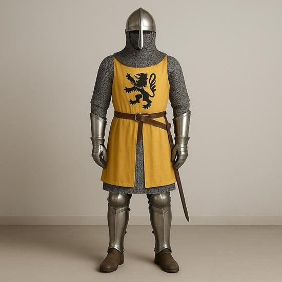 

Комплект доспехов средневекового рыцаря с желтым сюрко ручной работы кольчуга стальные доспехи LARP, реконструкция, косплей, костюм на Хэллоуин