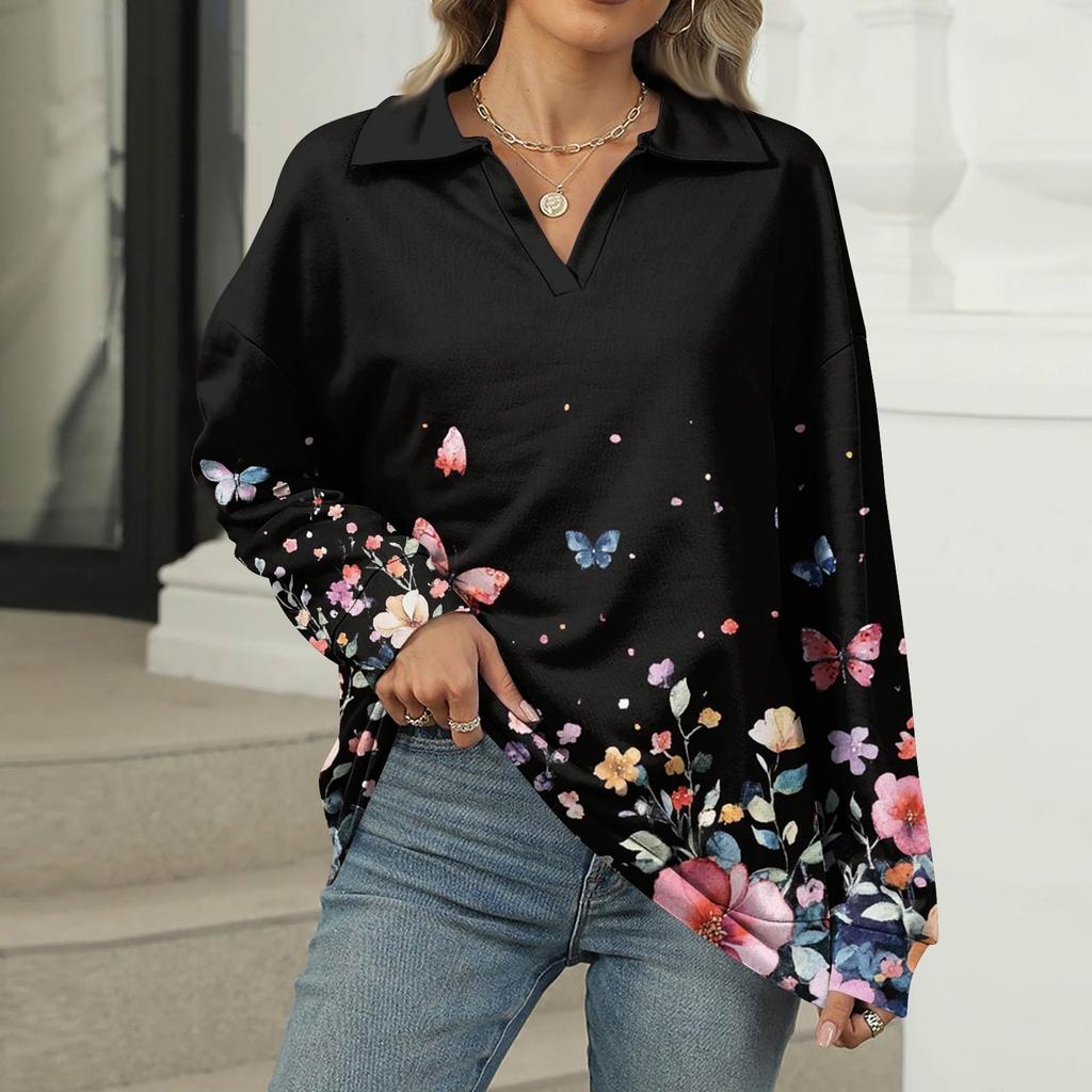 Women's Summer Fashion Casual  Printed V-Neck Long Sleeve Shirt Top