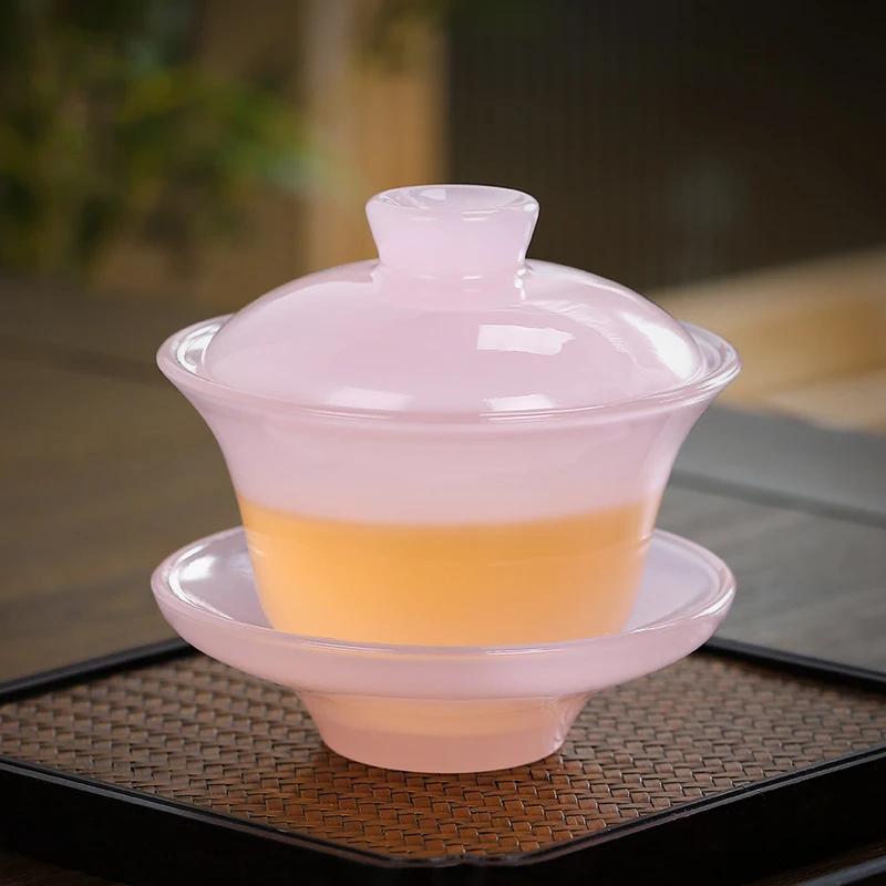 Lotus Jade Porcelain Gaiwan for Tea Single High-grade Tea Cup Sancai Tea Bowl Glazed Tea Set Chinese Chawan Exquisite Gift Cup
