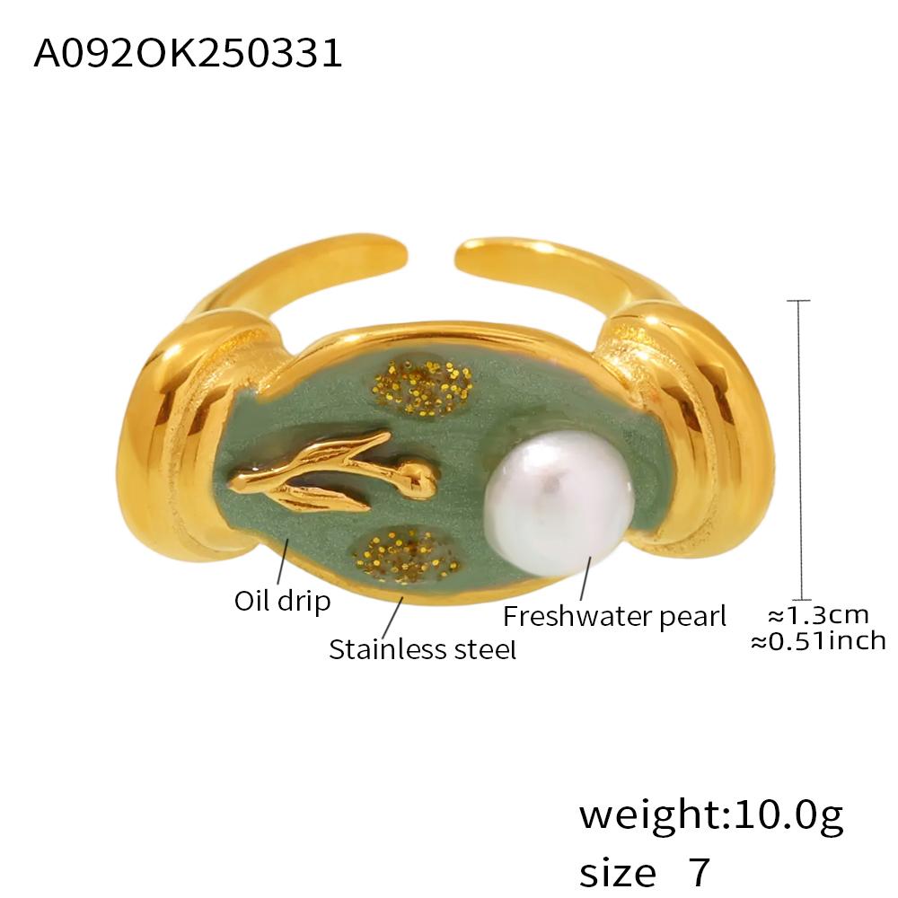 

Green Enamel Gold Plated Open Rings for Women 316 Stainless Steel 18k Pink Flower Natural Freshwater Pearl Ring Fashion Zircon 7