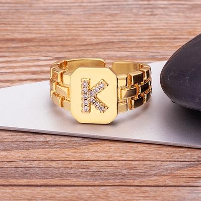 New Arrival Fashion Gold Color Initial Ring Open Design Adjustable Hot Sale Watchband Chain A-Z Letters Zircon Rings For Women