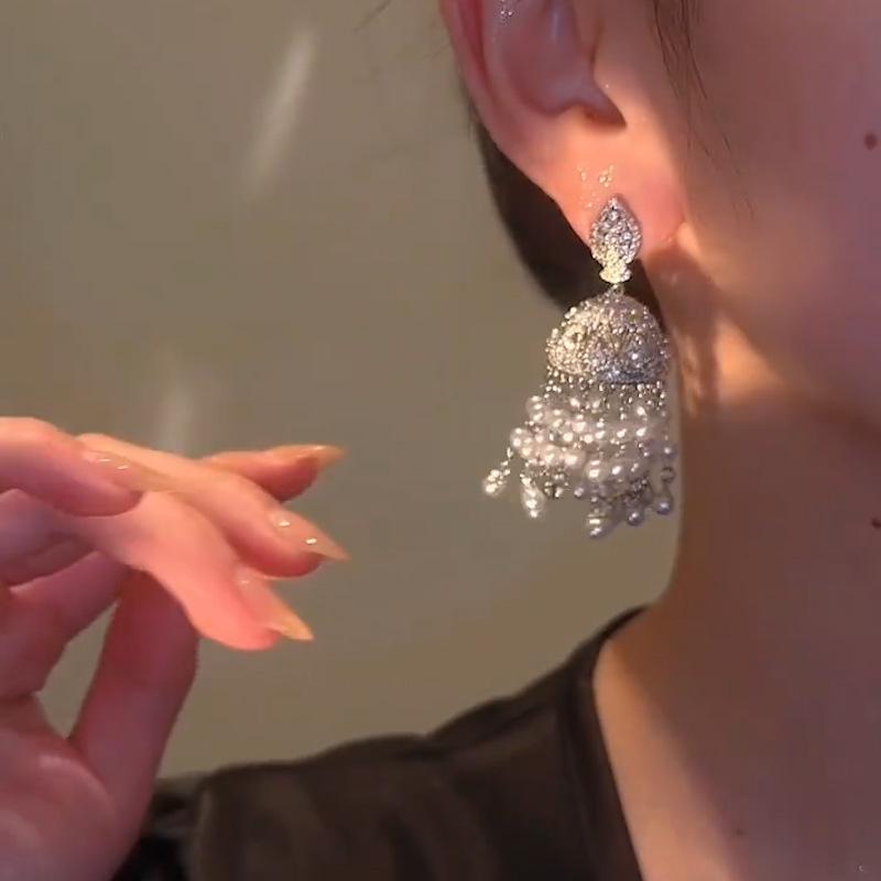 Vintage Ethnic Tassel Earrings with Birdcage and Pearl Accents