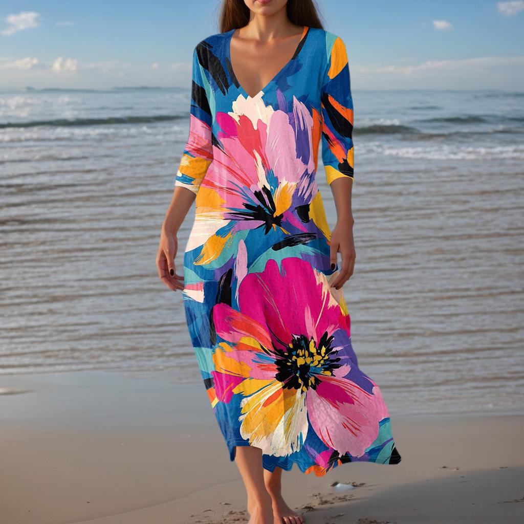 Women's Vintage Print Tunic Waisted Midi Dress Summer Casual 3/4 Sleeve Dress Dress