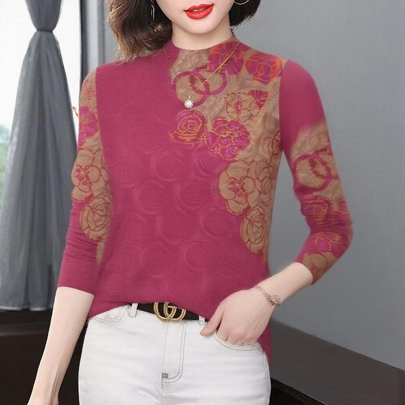 Mother's Women's Long-Sleeve Printed Base Layer Top, Half-High Neck, Tummy Concealing, for Mature and Elderly Women, Plus Velvet, Thickened and Warm.