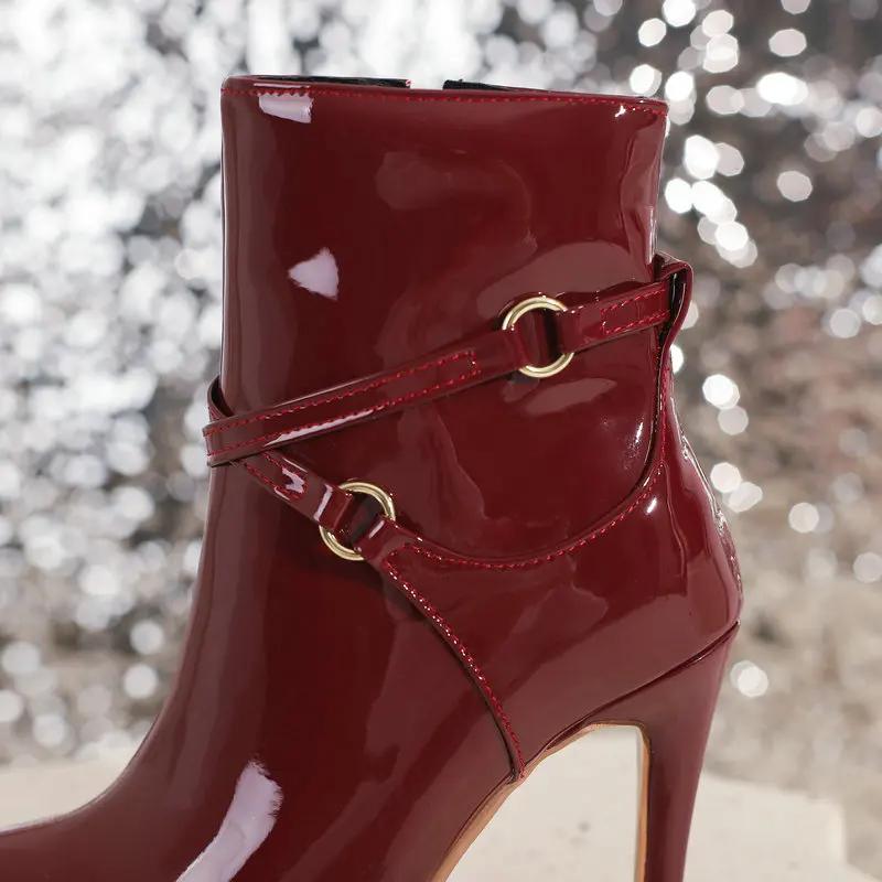 Winter High Heels Boots Women Ankle New Glossy Patent Leather Stilettos Pointed Toe Cross Bandage Zip Plus Size 34-50 Shoes