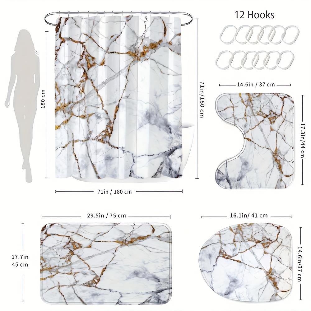4-teiliges Badezimmer-Duschvorhang-Set Marmor Badezimmer-Vorhang mit 12 Haken Rutschfeste Teppiche Toilettendeckelmatte Badezimmer-Trennwand