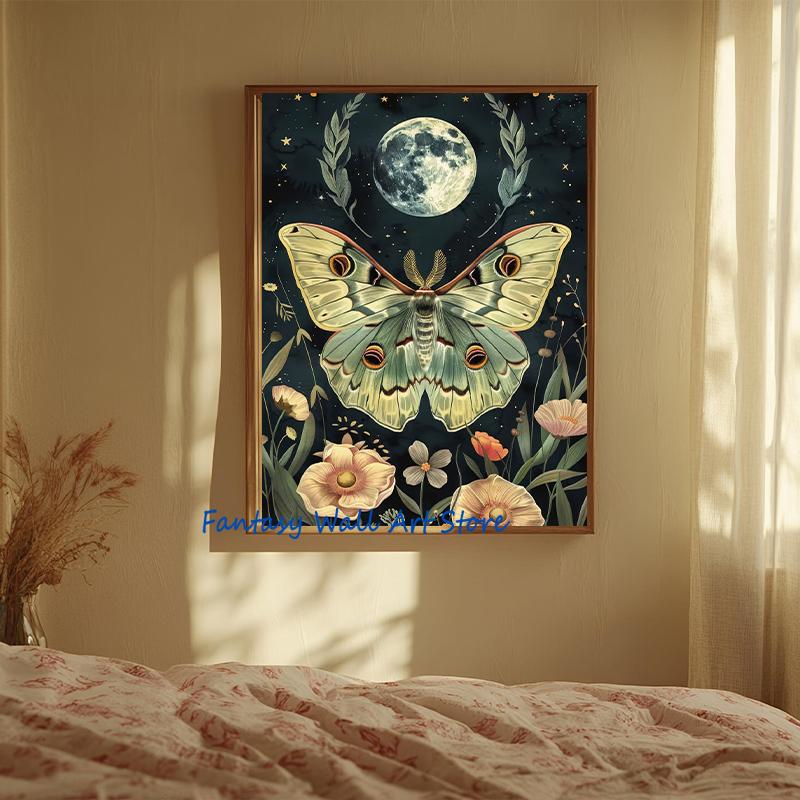 Ethereal Green Witch Ethereal Luna Moth Mystical Forest Witches Moon Poster Canvas Painting Wall Pictures Home Living Room Decor