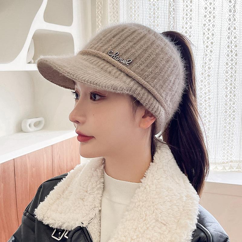 Autumn and winter versatile iron standard knitted rabbit wool hat women's fleece thickened warm ear protection duck tongue empty top hat