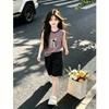 Korean-Style Girls' Striped Patchwork Tank Top Set - Summer Two-Piece Sleeveless Outfit for Medium and Older Children.