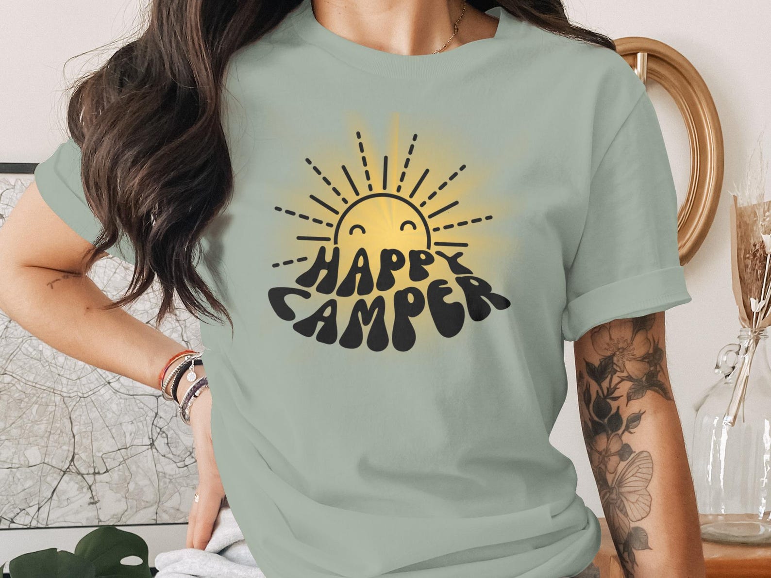Happy Camper T-Shirt | Groovy Retro Sun Camping Tee | Outdoor Adventure Vibe L