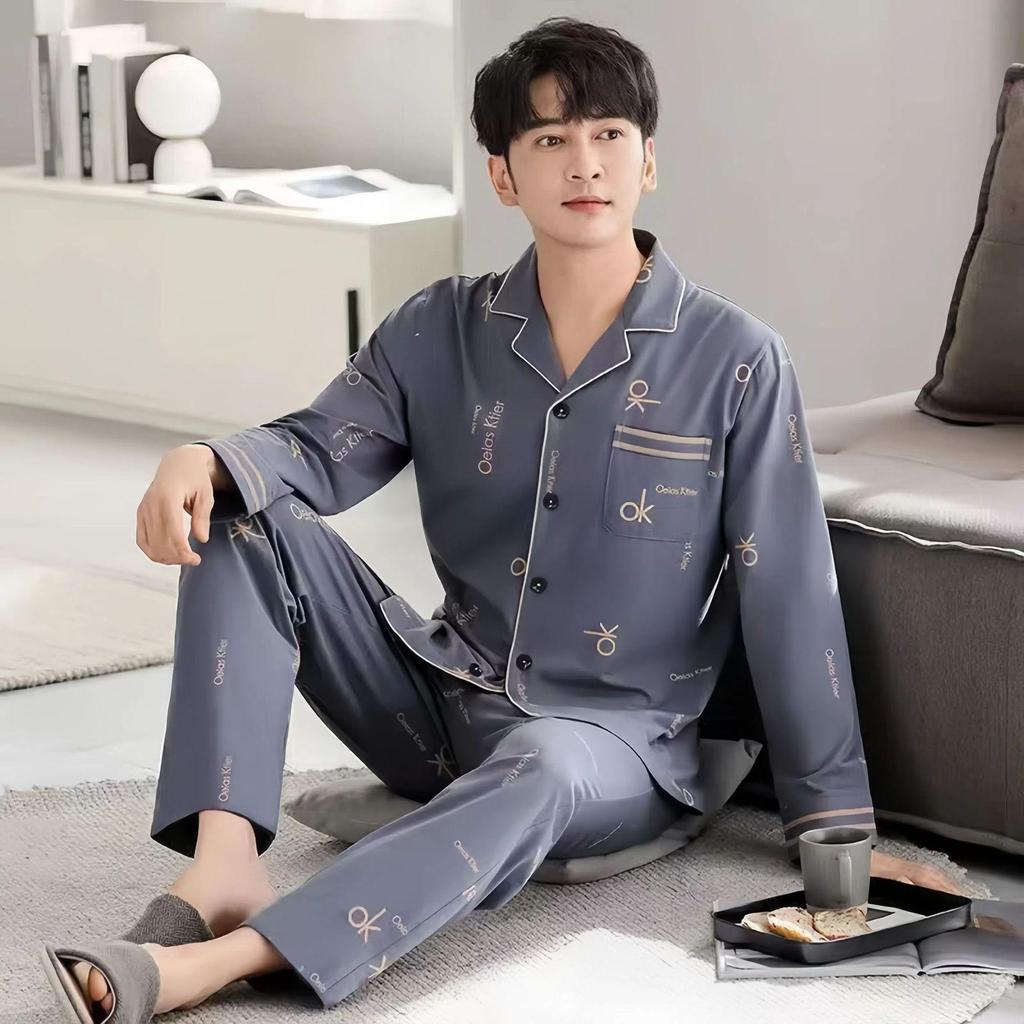 Men's Loose-Fit Pure Cotton Pajama Set: Long Sleeve Cardigan & Pants for Spring/Autumn