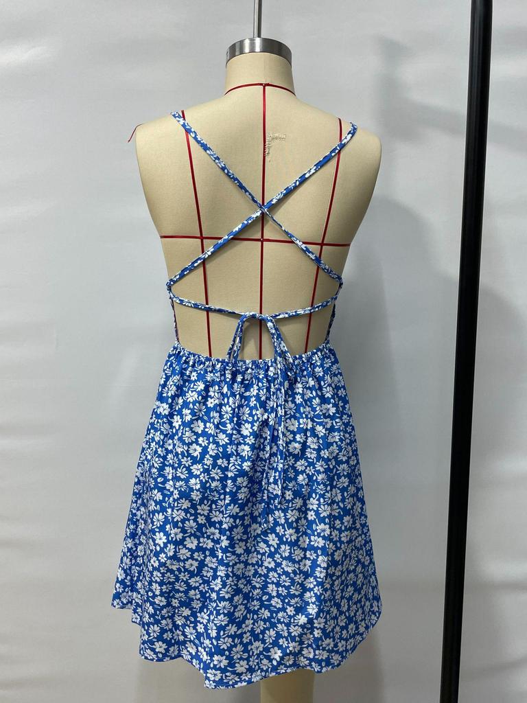 Auf Lager: 2025 Neues Europäisches und Amerikanisches Schlankes Floral-Spaghettiträger-Rückenfreies Kurzes Kleid - Frühling/Sommer