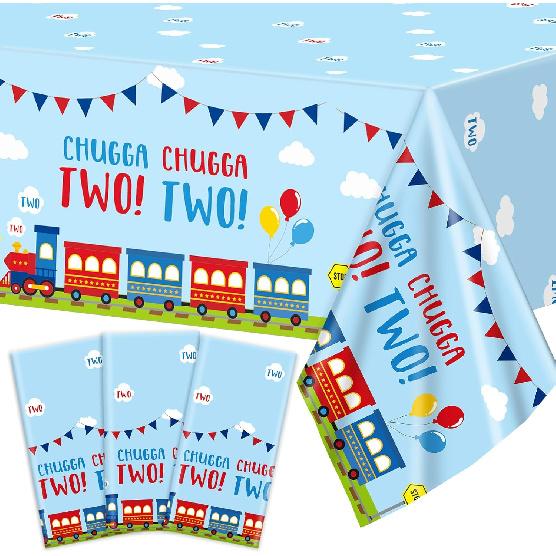 Qyeahkj 3 Pcs Chugga Chugga Two Two Party Decorations Train Birthday Tablecloth 2nd Transportation Themed Plastic Table Cover for Boys Birthday Baby 3