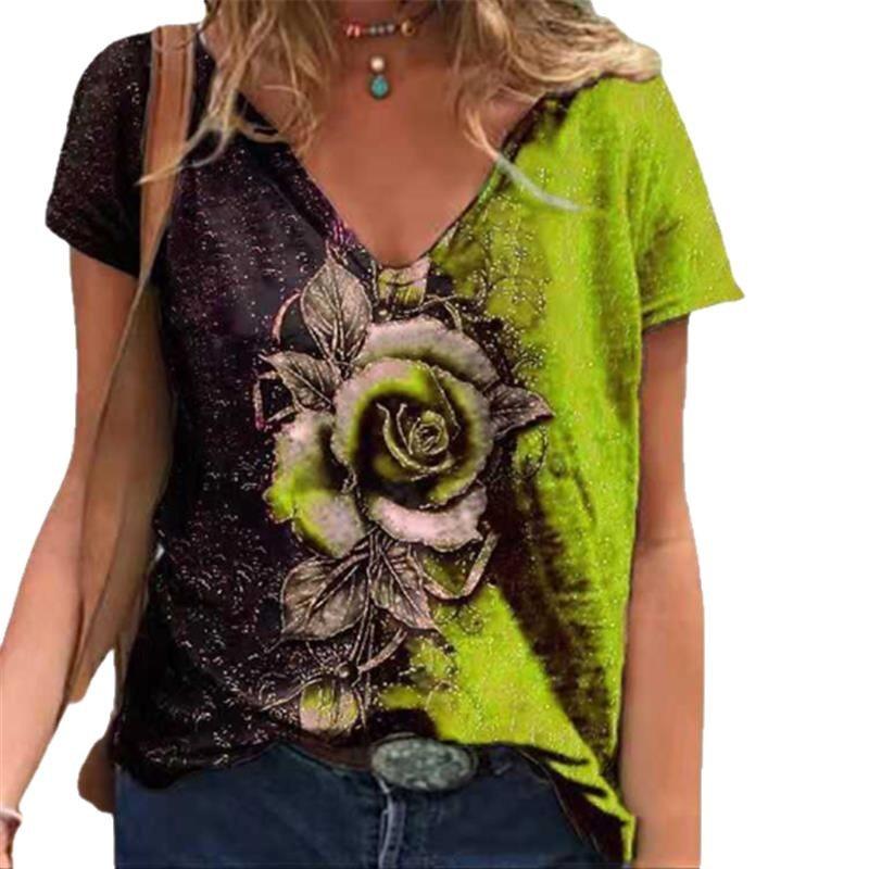 

Летние освежающие и удобные женские футболки с V-образным вырезом, с 3D-принтом розы, повседневные, с коротким рукавом, свободного кроя 5XL