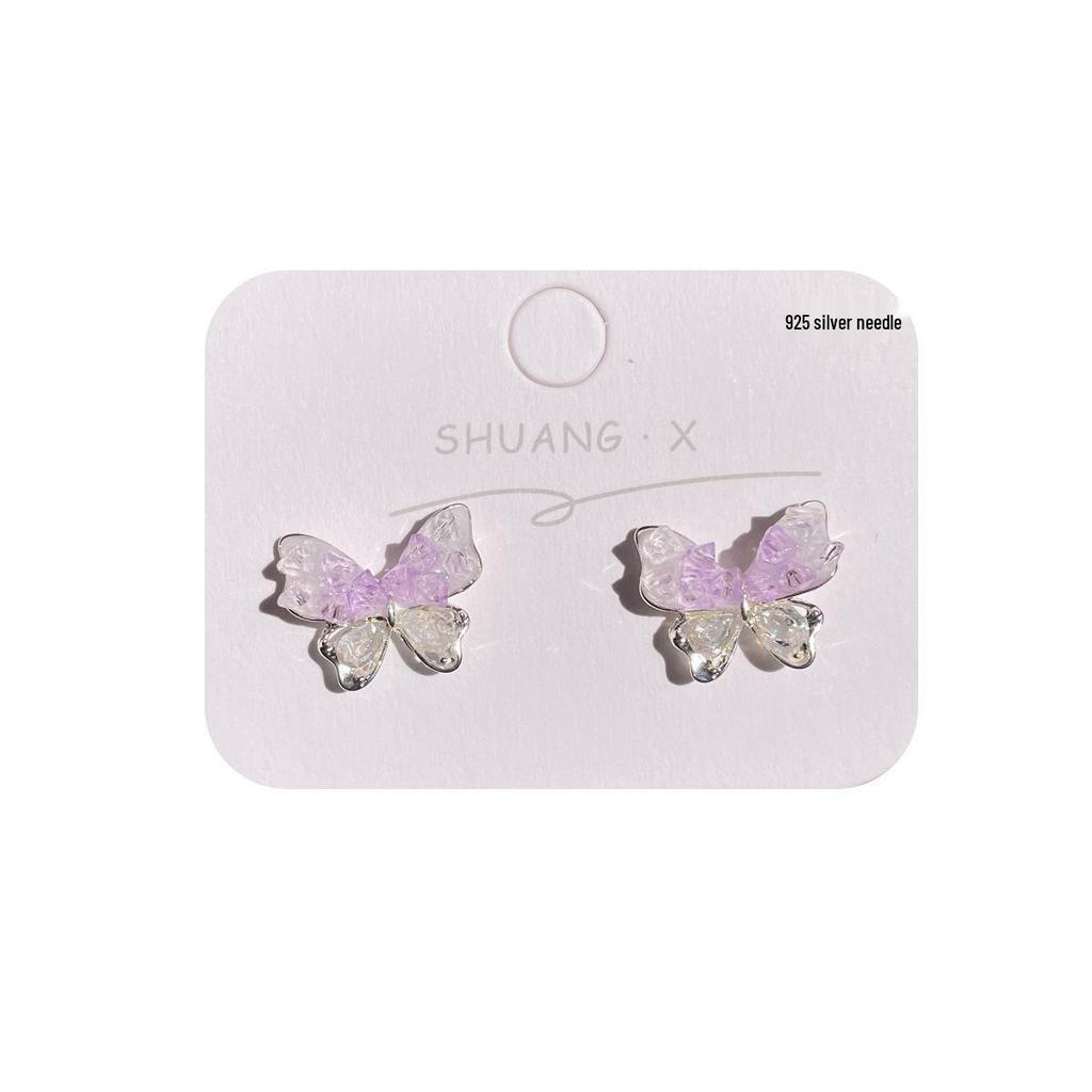 Purple Gradient Crystal Butterfly Earrings - High-End Silver Needle Design for Women