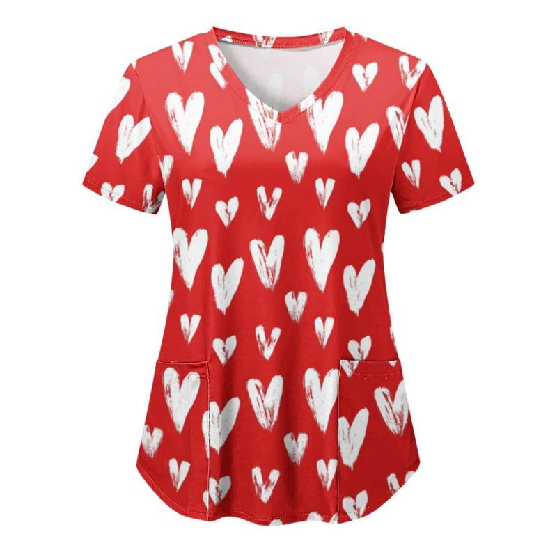 Toppar Dam Skrubb Sjuksköterska Tryck Kort Ärm Tecknad V-ringad Toppar Arbets T-shirts Hjärttryck Sjukvård Tunika Vårdare Arbetskläder Toppar