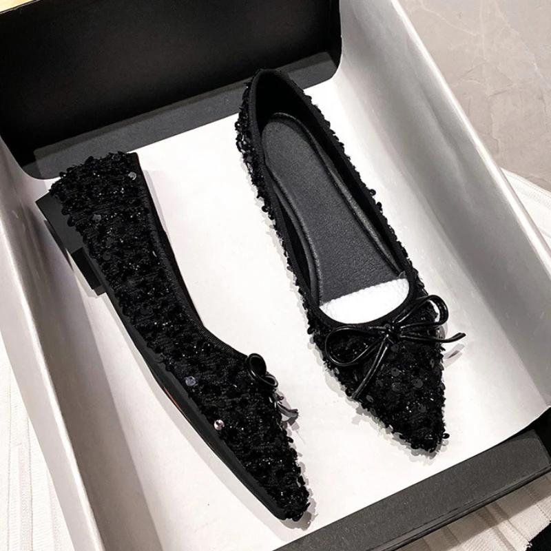 Fashion 2025 Spring Black Bling Women Flats Elegant Pointed Toe Footwear Classic Bowknot Shallow Slip-on Soft Sole Date Shoes for Lady