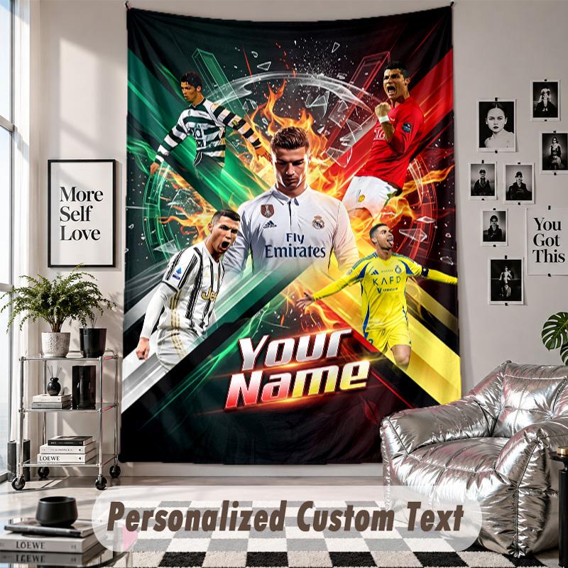 Wall Hanging Tapestry With Custom Name & Text, Cristiano Ronaldo Decorative Tapestry For Bedroom