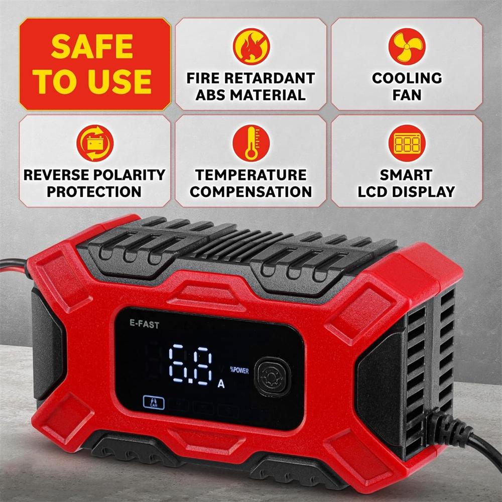 FAST 12V 6A Intelligent Car Motorcycle Battery Charger Smart Digital LCD Display Lead Acid Battery Pulse Charger Maintainer