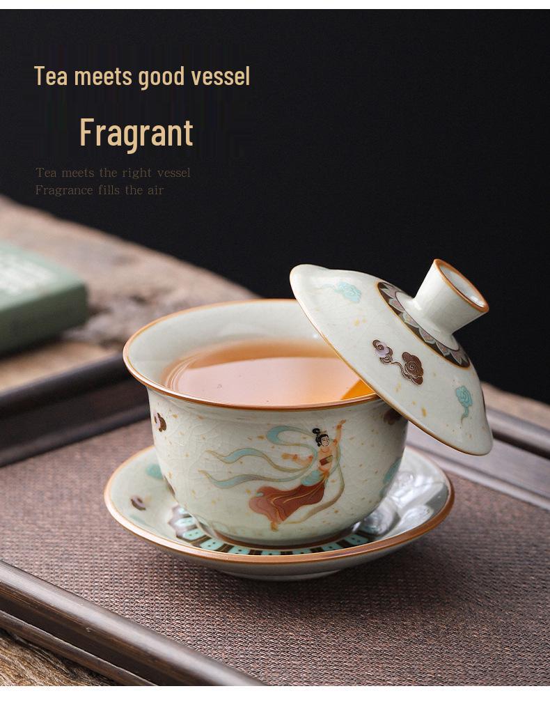 Dunhuang Ru Kiln Crackle Pattern Tea Bowl with Lid - High-End Kung Fu Tea Set, Large Brewer.