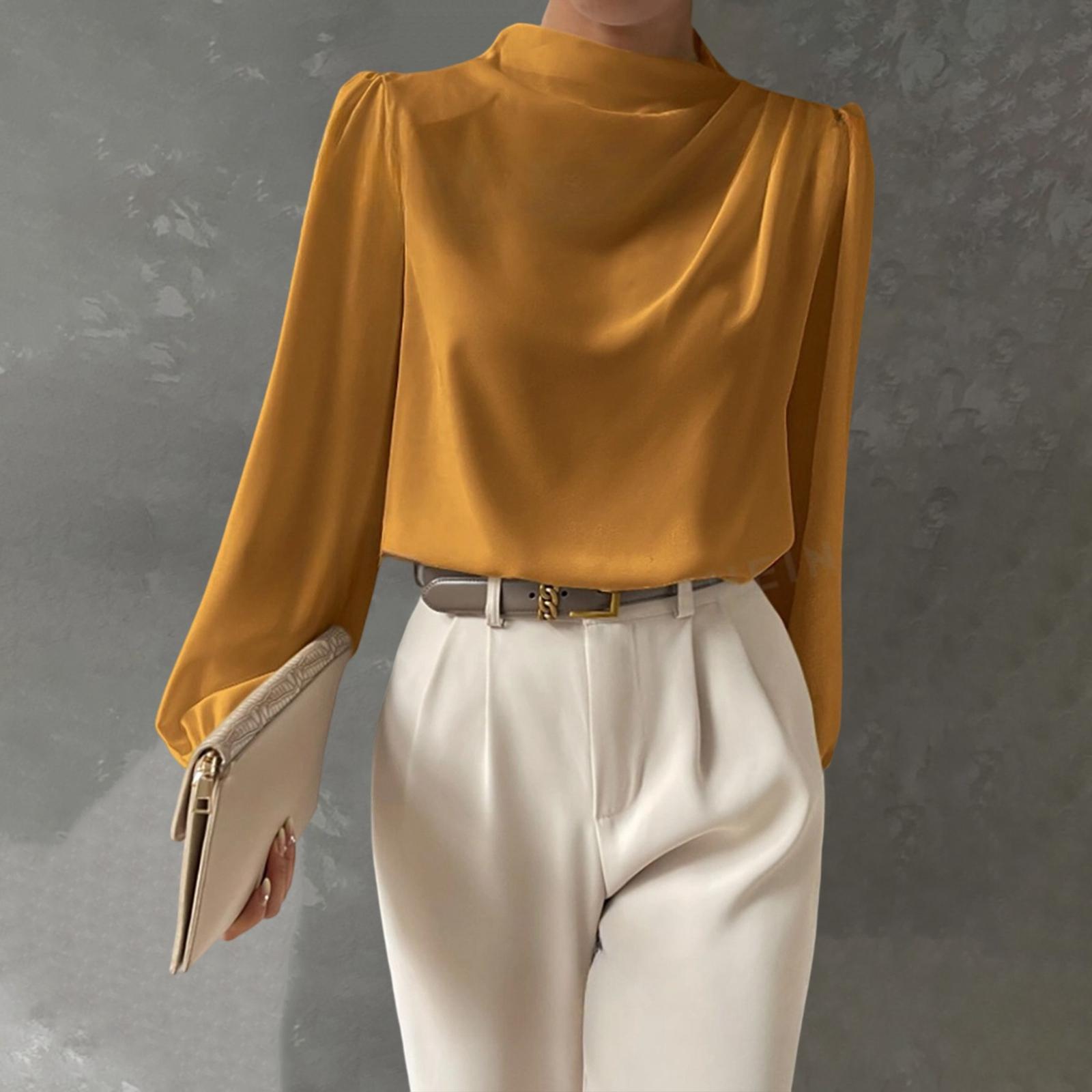Женская однотонная атласная элегантная блузка с длинным рукавом L оранжевый