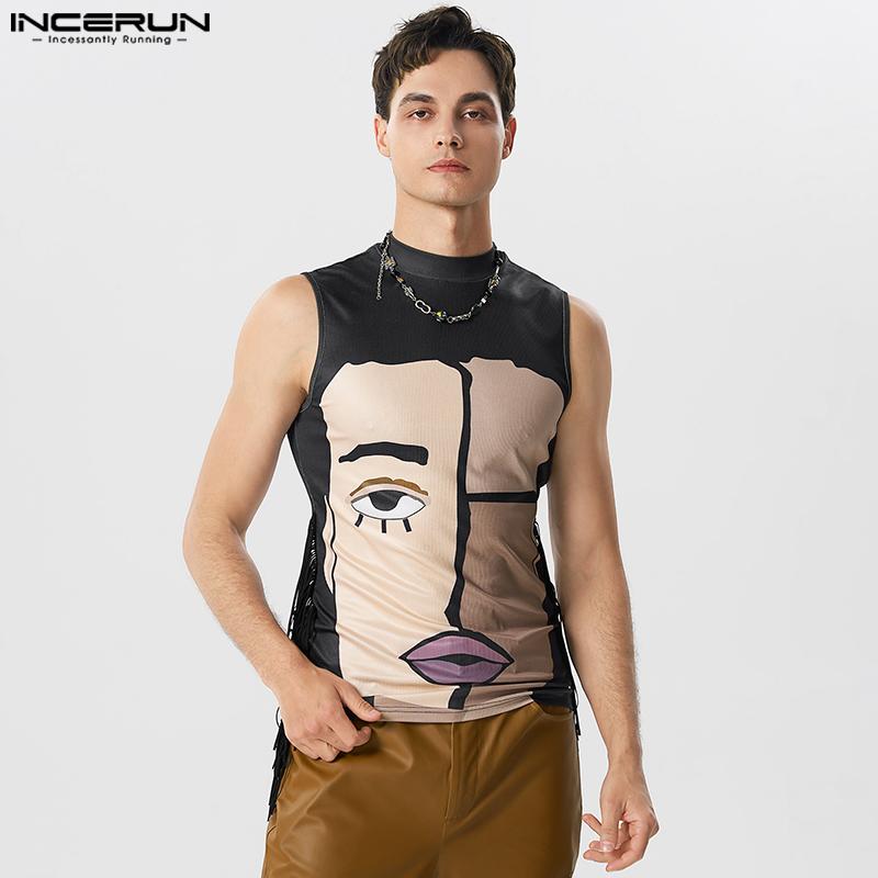 

INCERUN мужские топы без рукавов с кисточками и принтом, забавный жилет с воротником для отдыха для отдыха