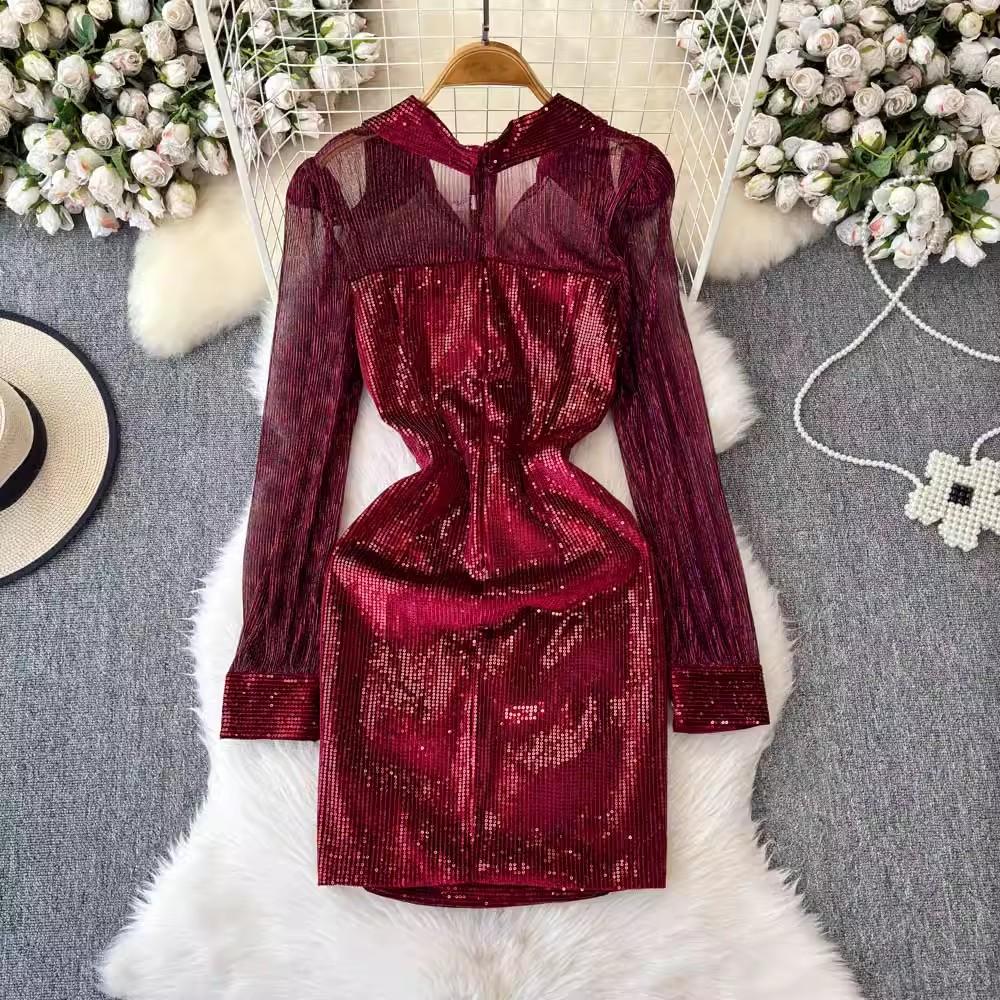 New Autumn Retro Sequins Lapel Pencil Dress Women Clothes Elegant Lady Sheer Sexy Long Sleeve Slim Short Party Birthday Vestidos