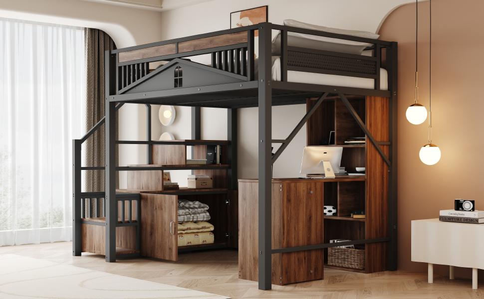 Metal Loft Bed 140 x 200 cm, Unique Safety Enclosure with Window, Safety Ladder with Locker, Black, Old SKU is LDB00359AAB