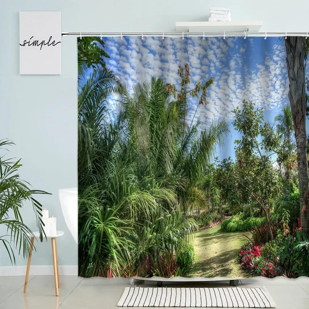 Tropical Jungle Scenery Shower Curtain Waterfall Forest Palm Leaf Green Plant Natural Landscape Home Bathroom Waterproof Screen Polyester Perfect For