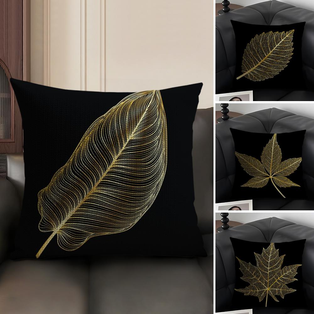 Golden Leaf Branch Pattern Cushion Cover Natural Linen Organic Fabric DoubleSided Printing Sofa Home Decor Gift Pillow Case