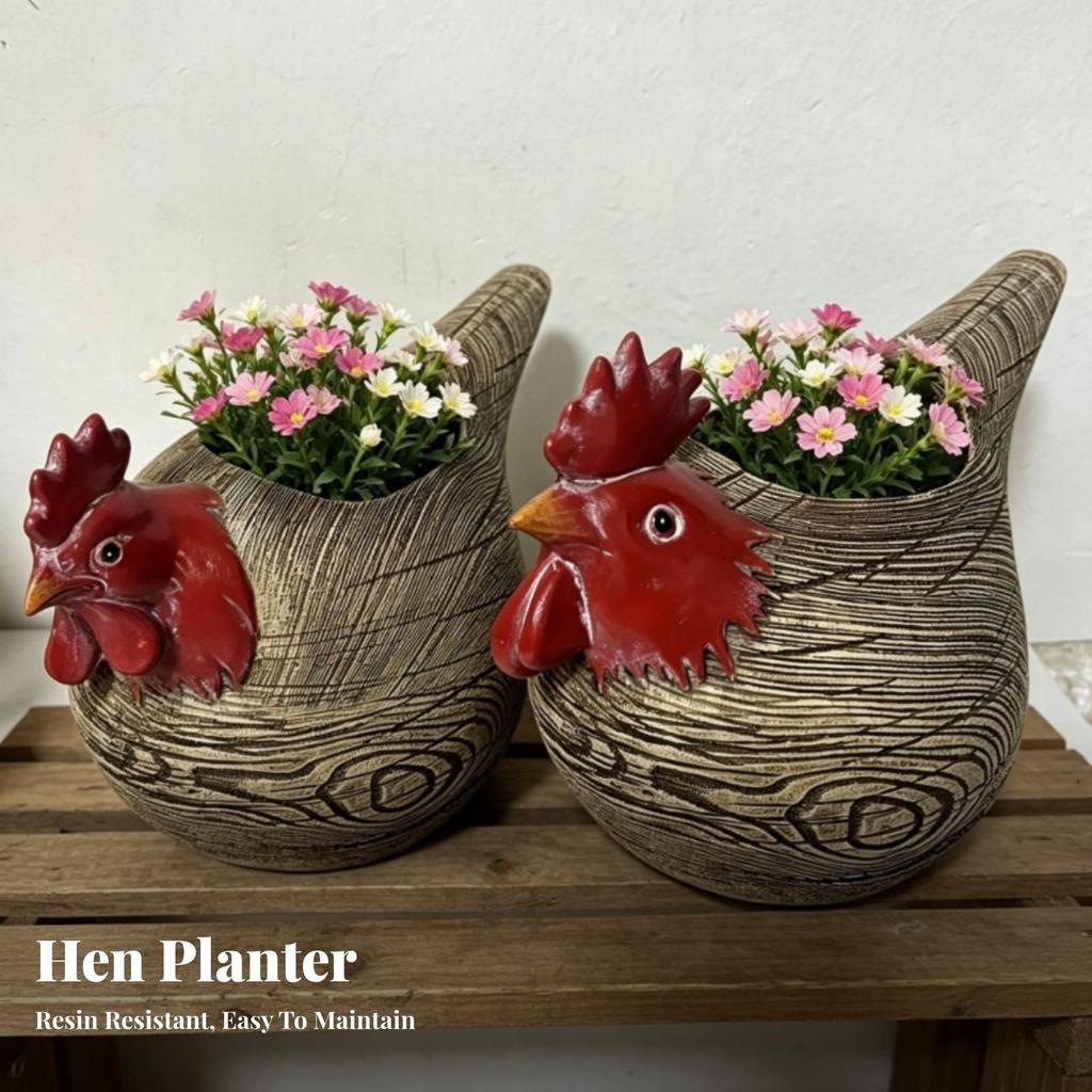 Wood-Look Chicken Planter | Ornament, Handmade, Garden Statue, for