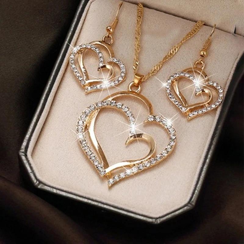 3 Pcs Set Heart Shaped Zircon Set Of Earrings Pendant Necklace For Women Exquisite Fashion Rhinestone Double Heart Zircon Set