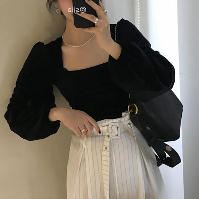 

Черная облегающая рубашка с квадратным вырезом для женщин, модная новинка весна, осень и зима, с рукавами-буфами, французский ретро-топ с вырезом на ключице 2XL чёрный