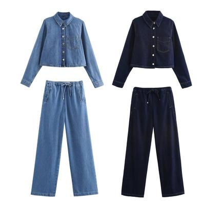 2025 European and American Style Denim Shirt + Jogger Set