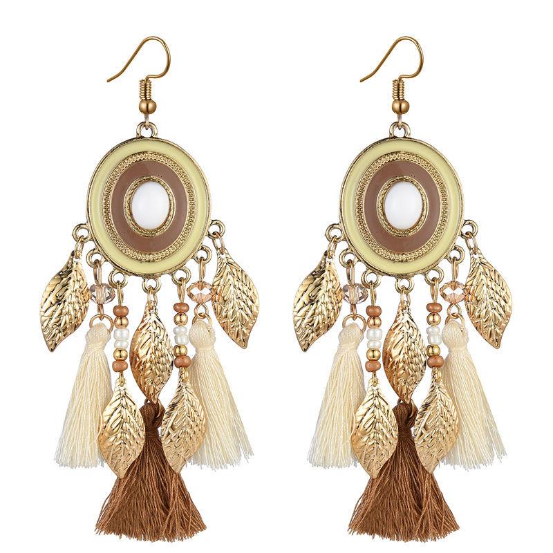 Vintage Ethnic Long Tassels Earrings For Women Boho Gold Color Leaf Drop Exaggerated Dangle Earring Female Party Jewelry
