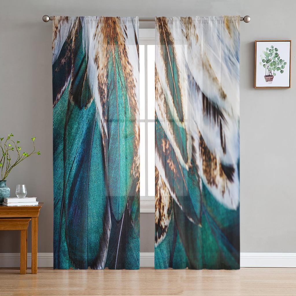 Peacock Feathers Green Tulle Sheer Window Curtains for Living Room Kitchen Children Bedroom Voile Hanging Curtain