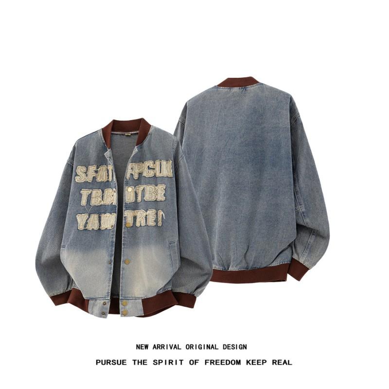 American Style High Street Denim Jacket Letter Patch Loose Fit Retro Washed Casual Couple Outerwear