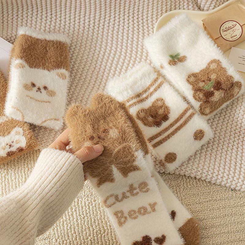 Autumn Winter Coral Velvet Socks Cartoon Bear Socks For Women Children Girls Middle Tube Thickened Sleep Socks Home Floor Socks