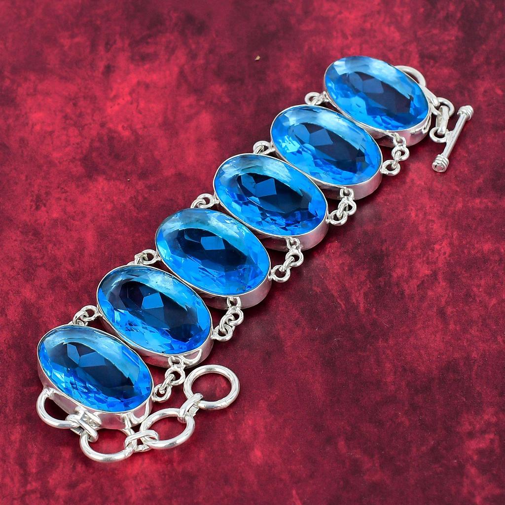 Blue Topaz Bracelet, 925 Solid Sterling Silver Gemstone Jewelry, Handmade Bracelet, For Thanksgiving