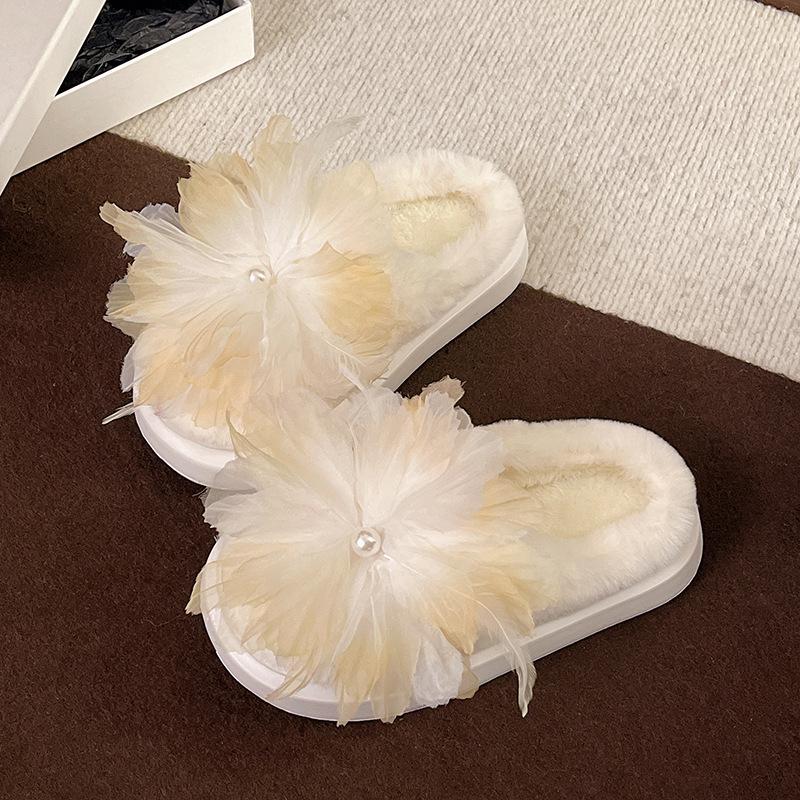 Korean Version of Mesh Wool Slippers Women's 2025 Summer and Autumn New Flower Outer Slippers One-word Flat Cotton Slippers