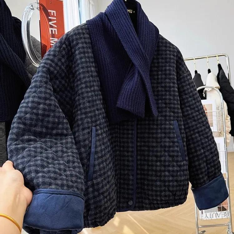 Women's Autumn Casual Warm Top Ound-neck Dark Plaid Jacket Female Long-sleeved Outer Wear Loose Coat