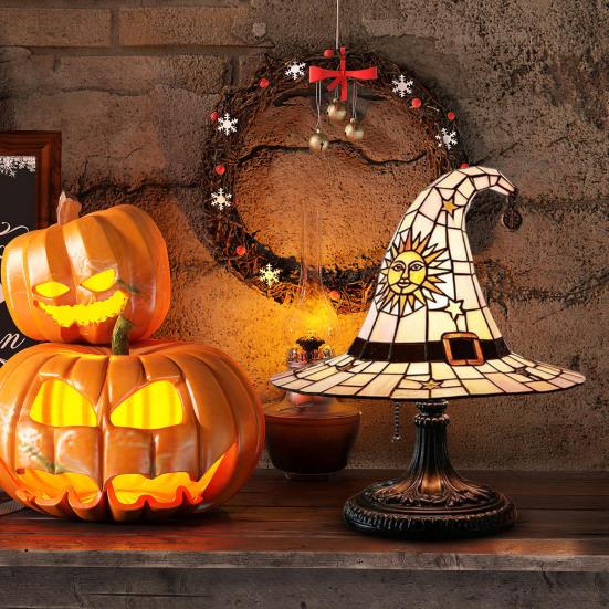 Witch Hat Lamp Stained Glass Resin Wizard Hat Light Spooky Gothic Table Lamp Decorative Standing Light for Indoor Party Haunted Halloween Bedroom